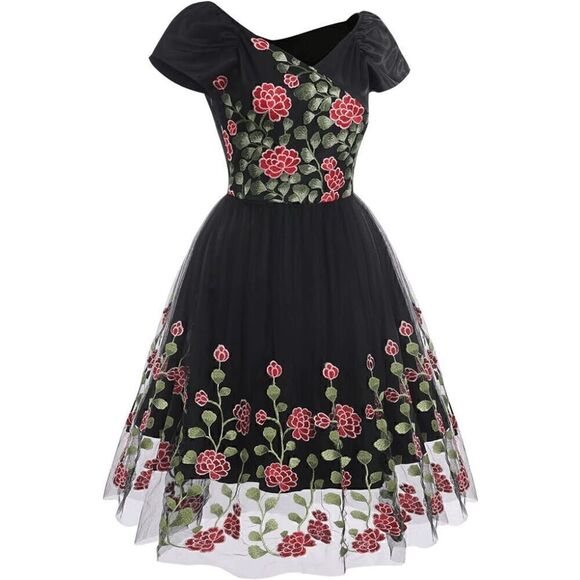 🌸 NWT Off Shoulder Retro Pinup Vintage 1950s Mesh Floral Embroidered Dress XL - Picture 5 of 16